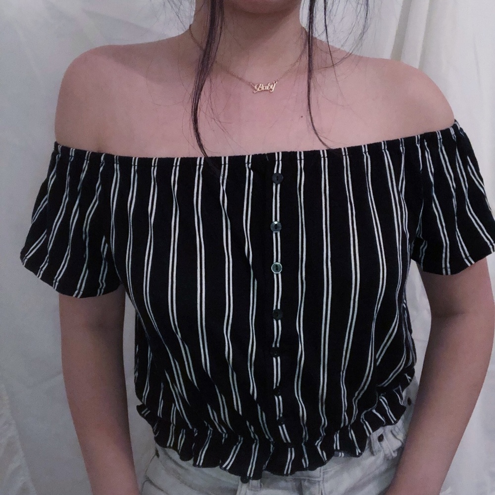 Black and White Striped Off the Shoulder Top